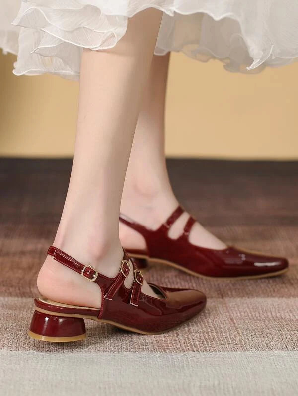 CM-SHS615391 Women Trendy Seoul Style Buckle Detail Slingback Flats - Burgundy