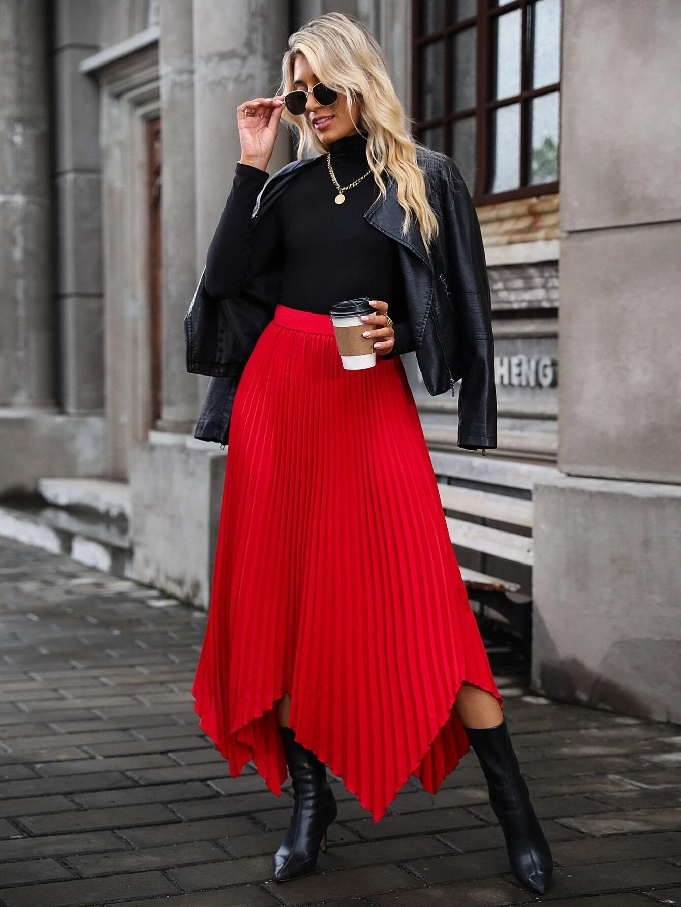 CM-BS461696 Women Elegant Seoul Style High Waist Hanky Hem Pleated Skirt - Red