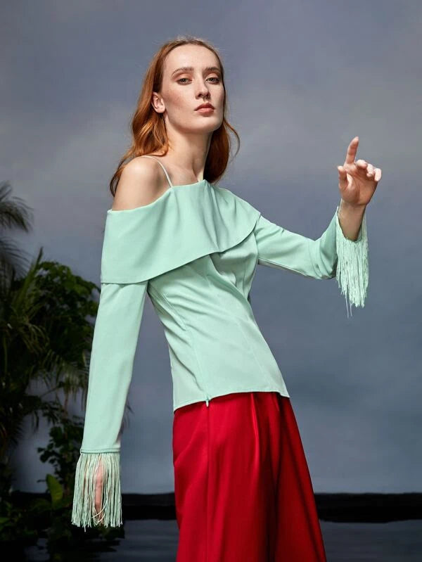 CM-TS521195 Women Elegant Seoul Style Asymmetrical Neck Fringe Trim Top - Mint Green