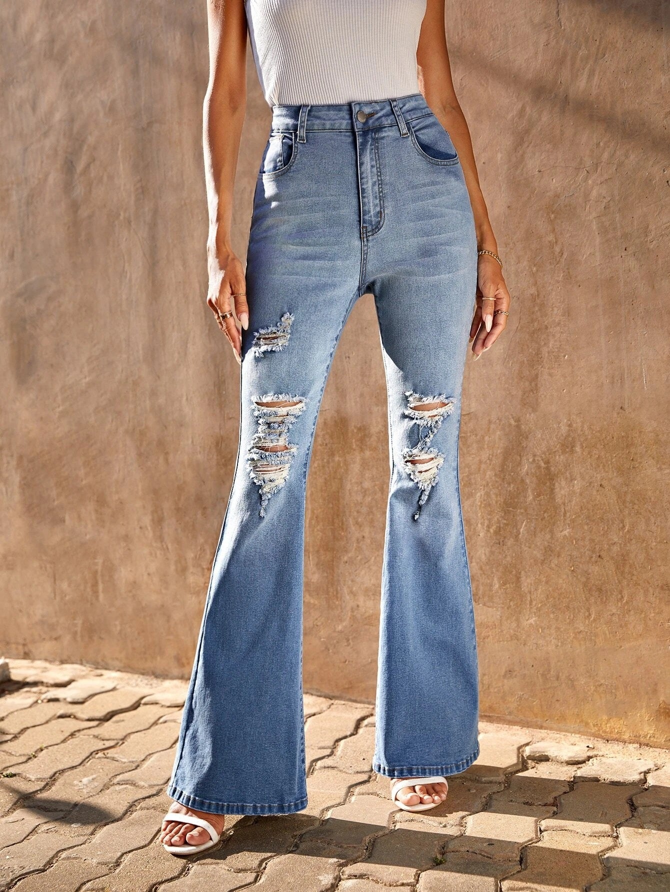 CM-BS388852 Women Casual Seoul Style Light Wash Ripped Flare Leg Jeans