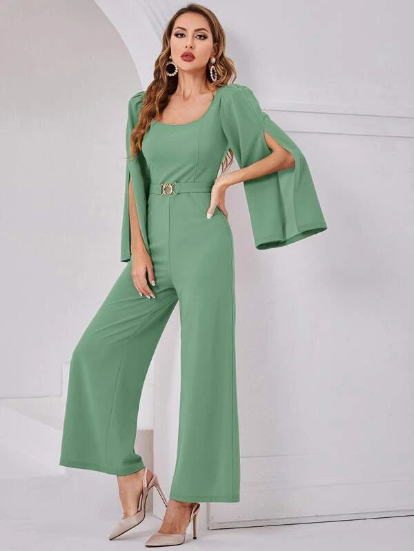 CM-JS699739 Women Elegant Seoul Style Split Sleeve Wide Leg Belted Jumpsuit - Mint Green