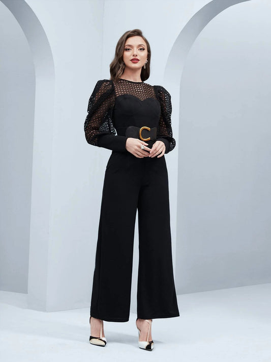 CM-JS121824 Women Elegant Seoul Style Sheer Puff Sleeve Jumpsuit - Black