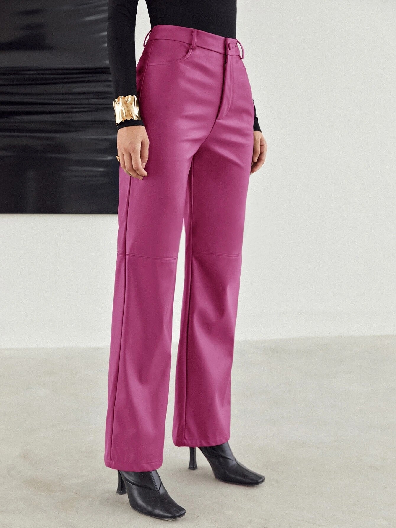 CM-BS237363 Women Elegant Seoul Style Zipper Fly Palazzo PU Pants - Hot Pink