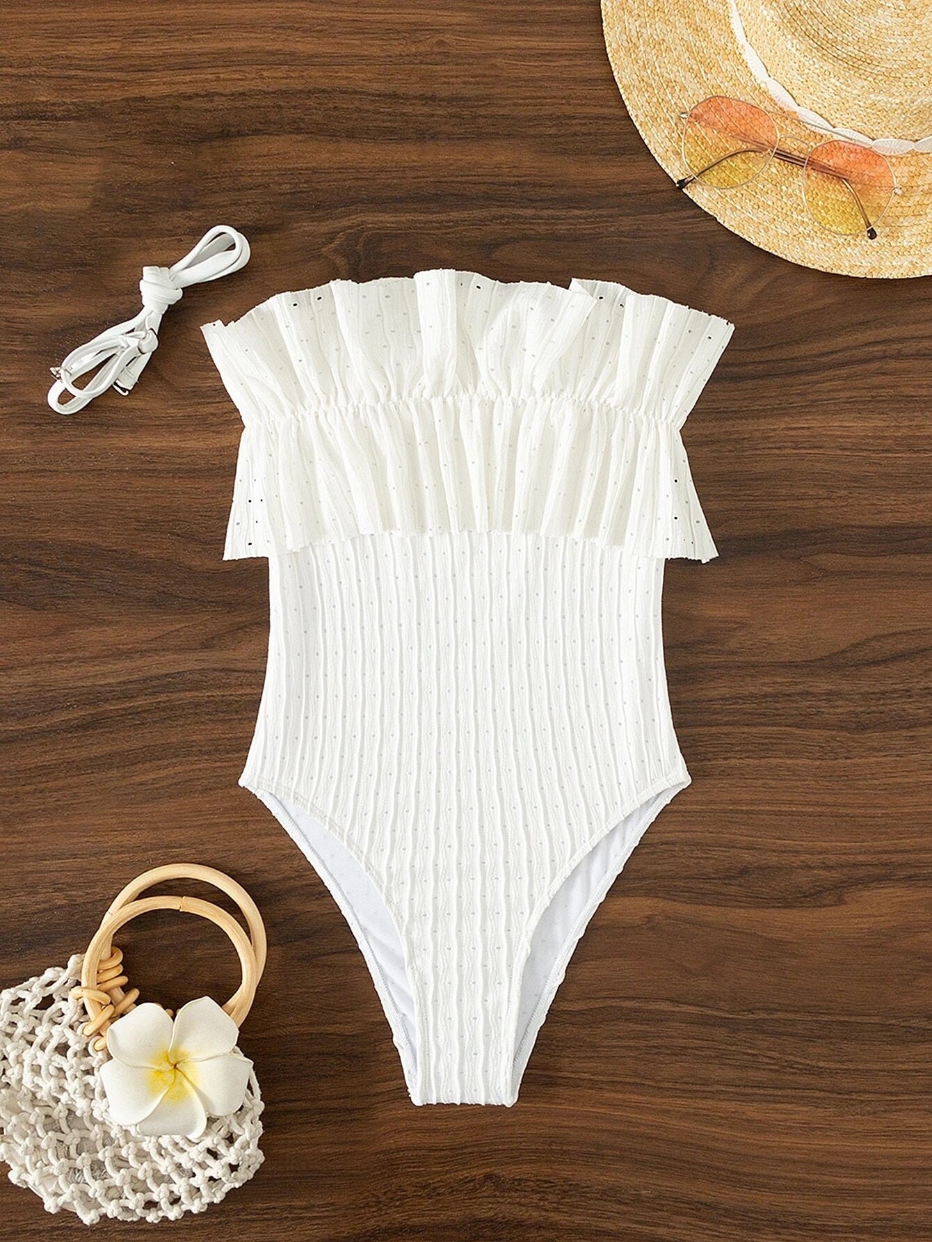 CM-SWS480402 Women Trendy Seoul Style Ruffle Trim Bandeau One Piece Swimsuit With Straps