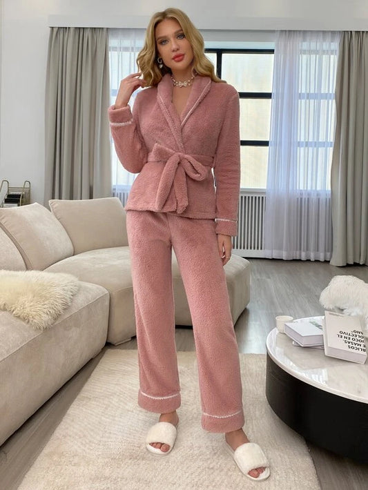 CM-LS813629 Women Trendy Seoul Style Contrast Tape Shawl Collar Belted Flannelette Pajama Set