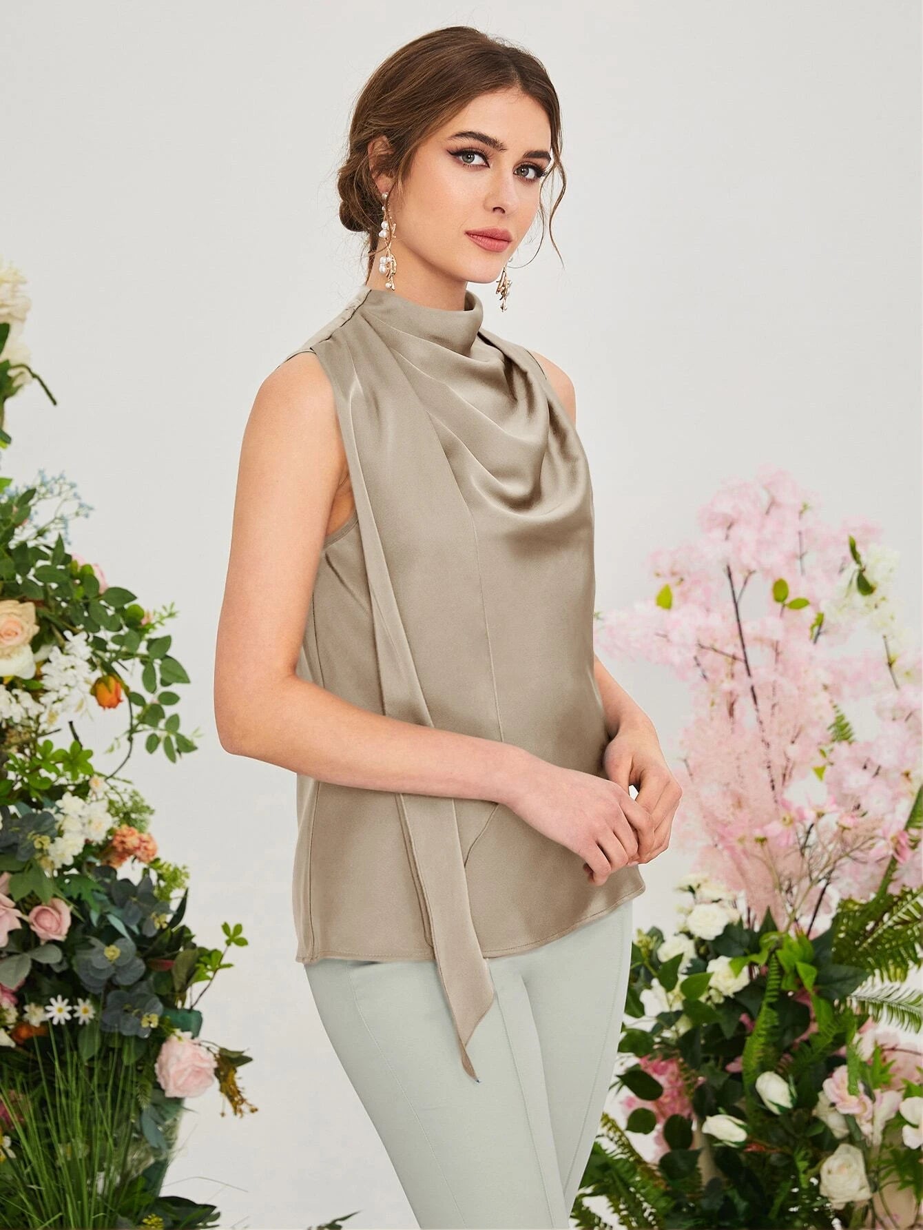CM-TS111161 Women Casual Seoul Style Sleeveless Draped Keyhole Back Blouse - Khaki