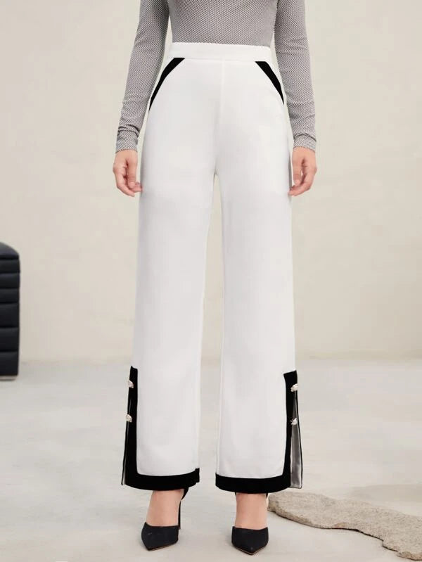 CM-BS043434 Women Elegant Seoul Style Contrast Panel Button Detail Wide Leg Pants