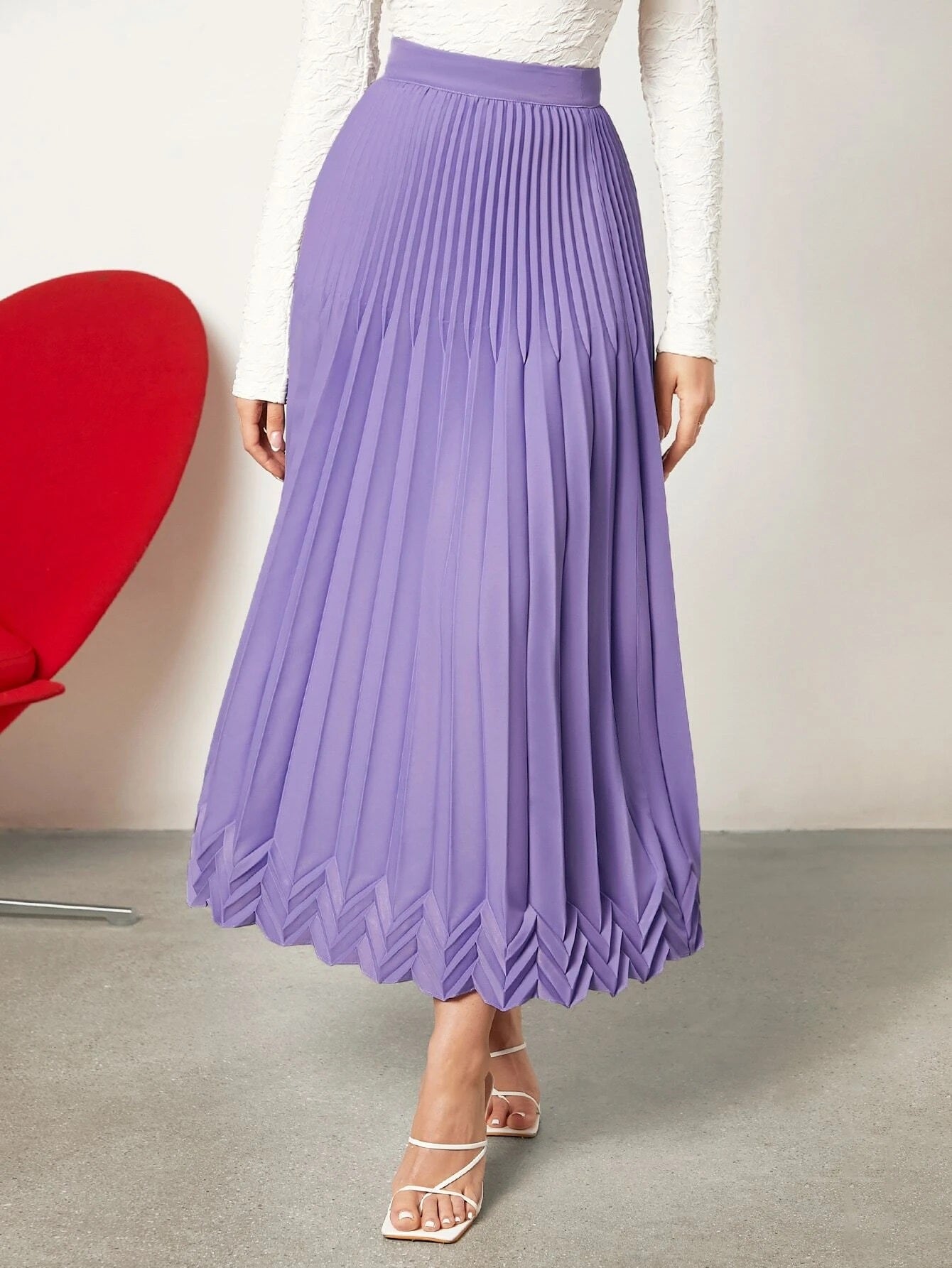 CM-BS020770 Women Elegant Seoul Style High Waist Chevron Pattern Pleated Skirt - Purple