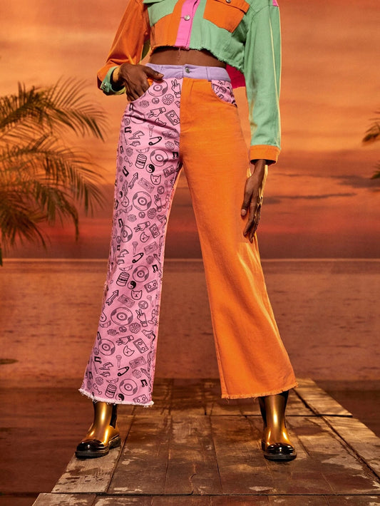 CM-BS429706 Women Casual Seoul Style High Waist Cartoon Graphic Raw Hem Pants