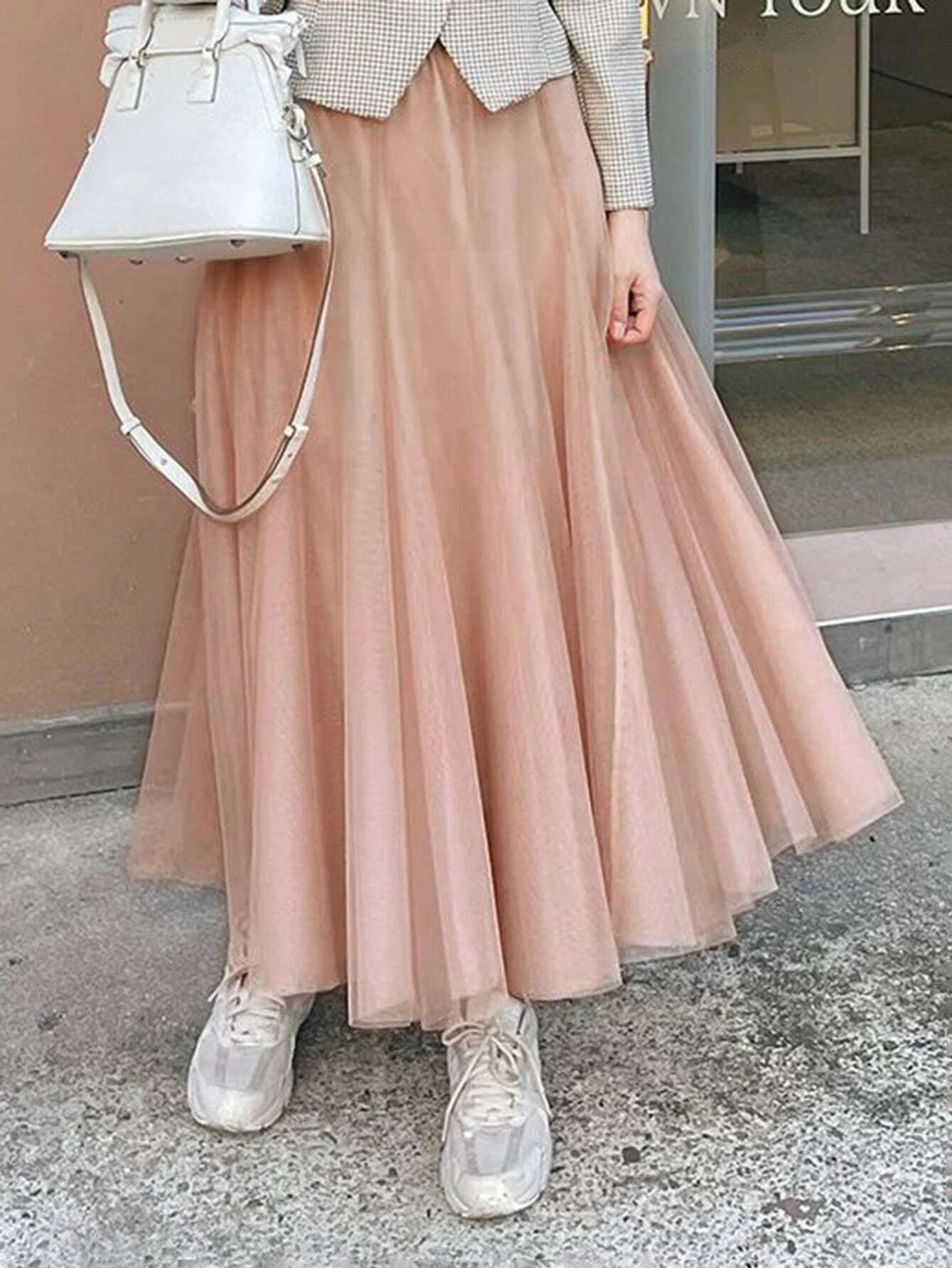 CM-BS872066 Women Trendy Seoul Style High Waist Solid Mesh Overlay Skirt - Coral Pink