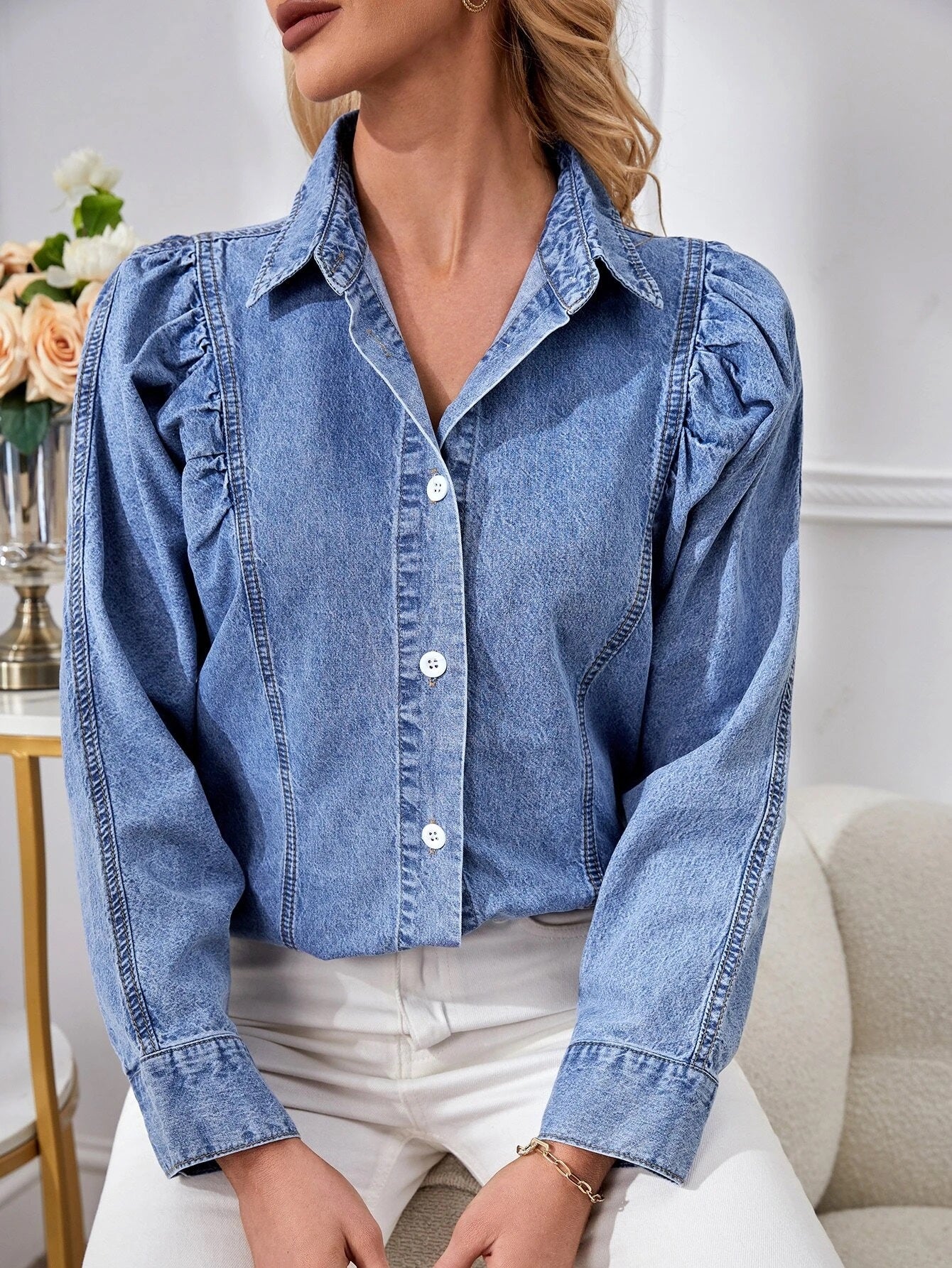 CM-TS686972 Women Casual Seoul Style Medium Wash Puff Sleeve Button Front Denim Shirt