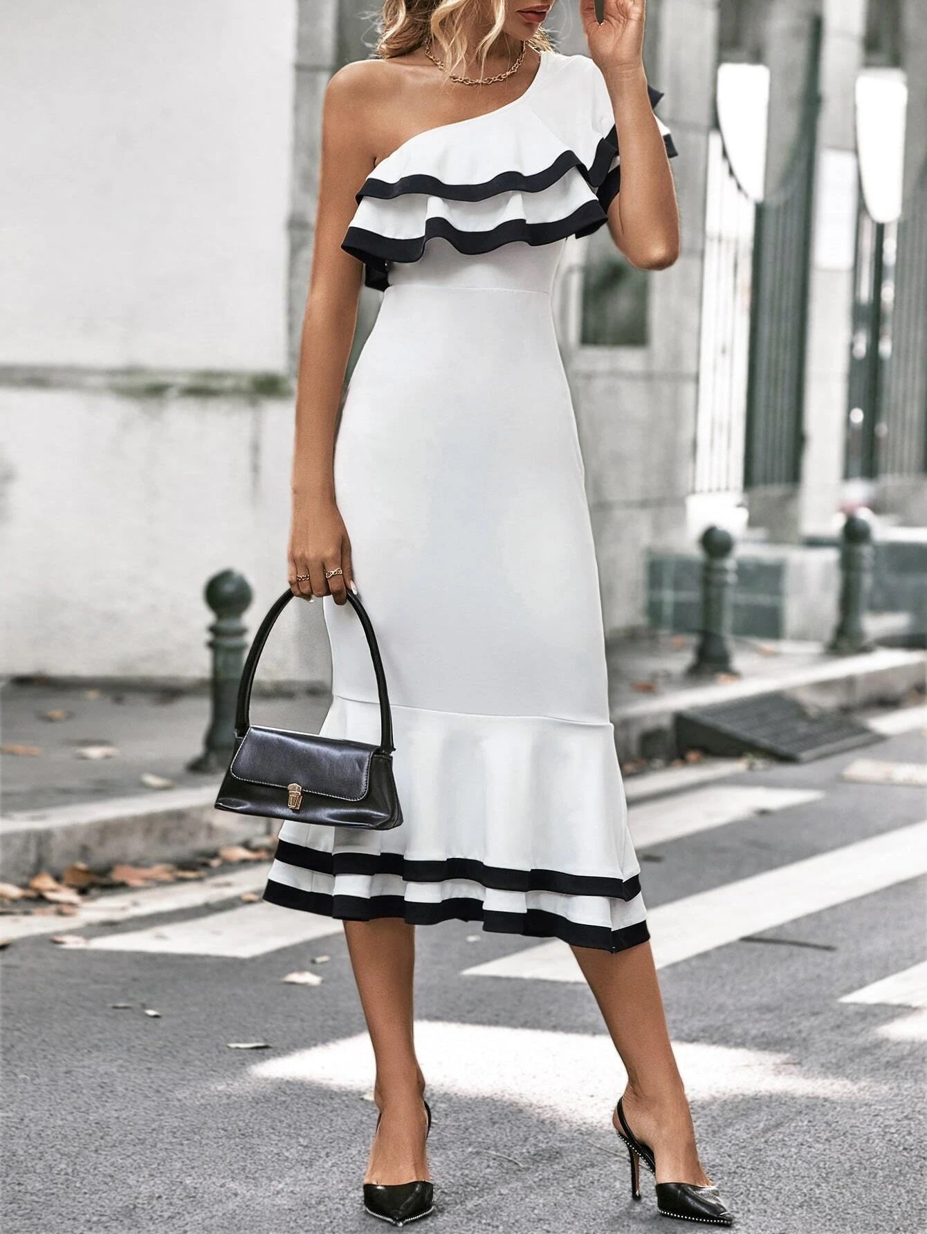 CM-DS195556 Women Elegant Seoul Style One Shoulder Ruffle Trim Mermaid Hem Dress