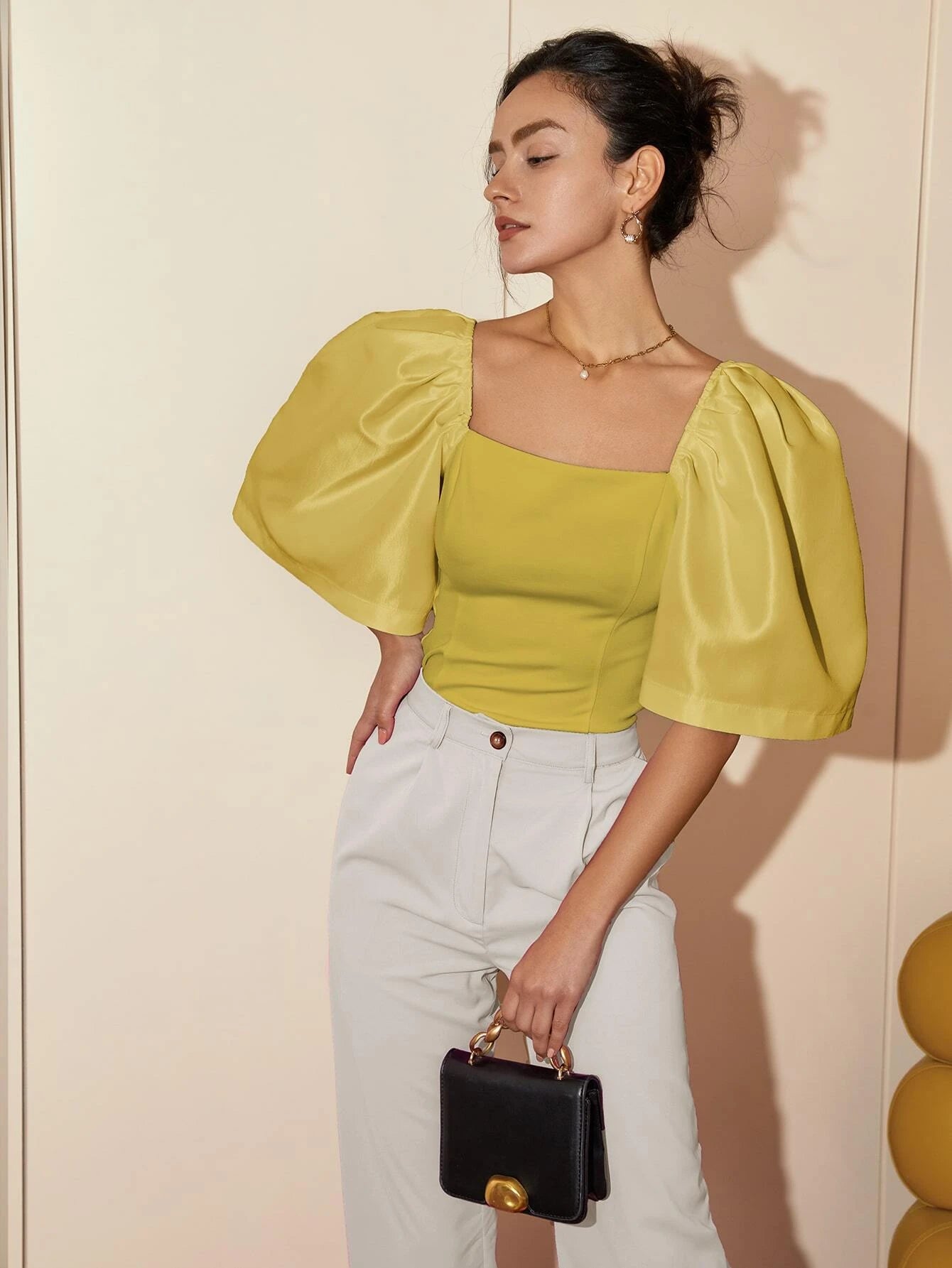 CM-TS744664 Women Elegant Seoul Style Square Neck Puff Sleeve Blouse - Mustard Yellow