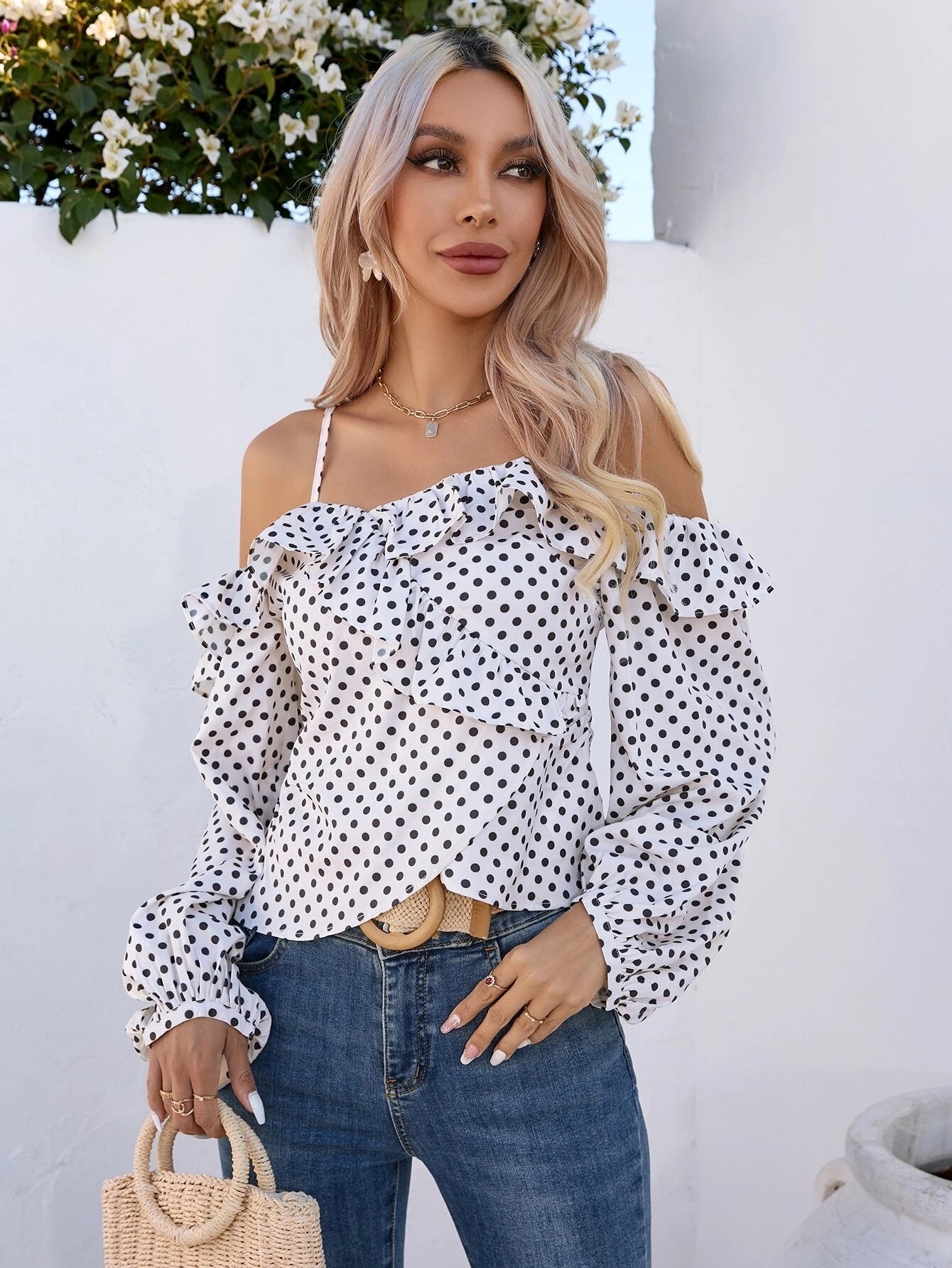 CM-TS285376 Women Casual Seoul Style Polka Dot Cold Shoulder Ruffle Trim Lantern Sleeve Blouse
