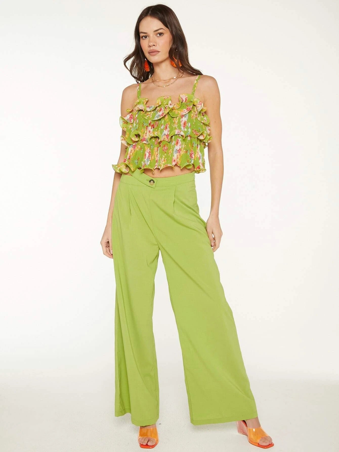 CM-BS971157 Women Elegant Seoul Style High Waist Solid Wide Leg Pants - Lime Green