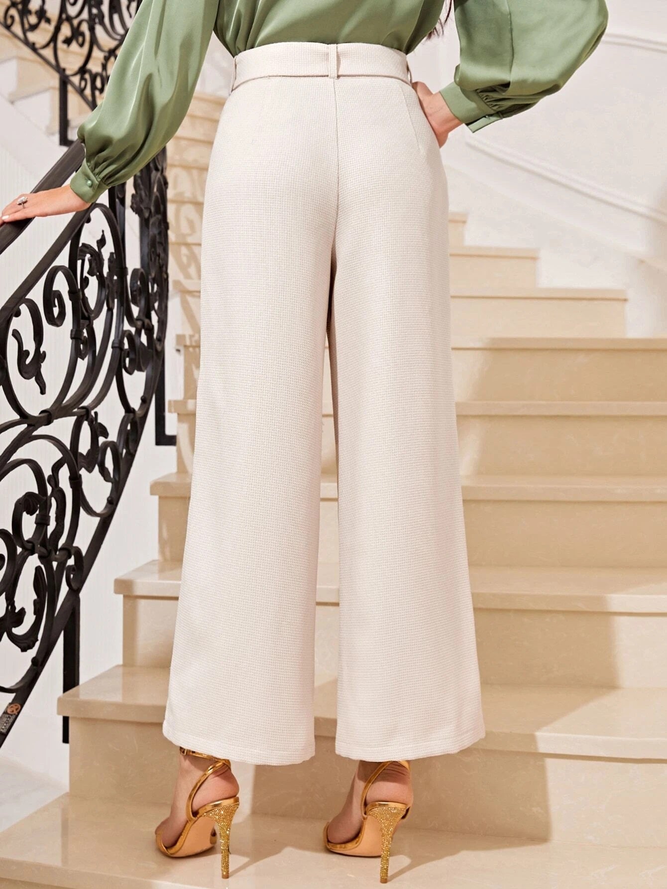 CM-BS811341 Women Elegant Seoul Style High Waist Button Front Belted Wide Leg Pants - Beige