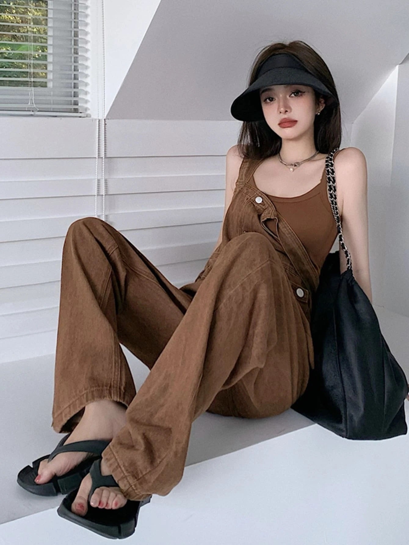 CM-JS954796 Women Preppy Seoul Style Solid Button Front Denim Overalls - Coffee Brown