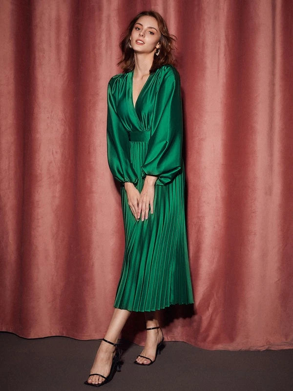 CM-DS695614 Women Elegant Seoul Style Lantern Sleeve Pleated Hem Dress - Green