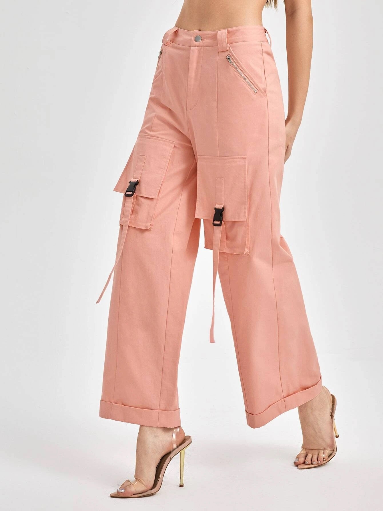 CM-BS762326 Women Casual Seoul Style Streetwear Flap Pocket Wide Leg Pants - Coral Pink