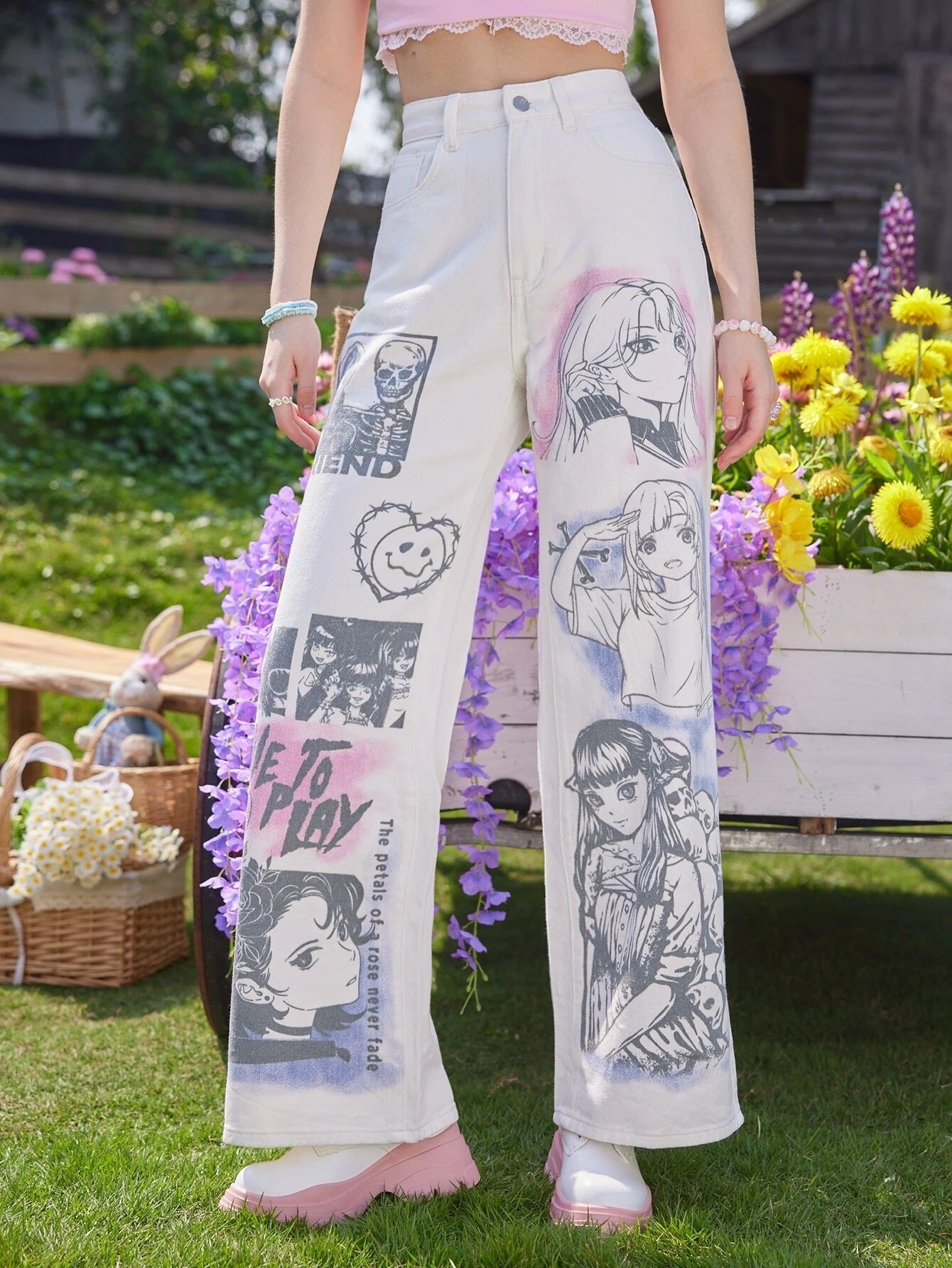 CM-BS162000 Women Preppy Seoul Style Kawaii Figure Graphic Wide Leg Jeans - White