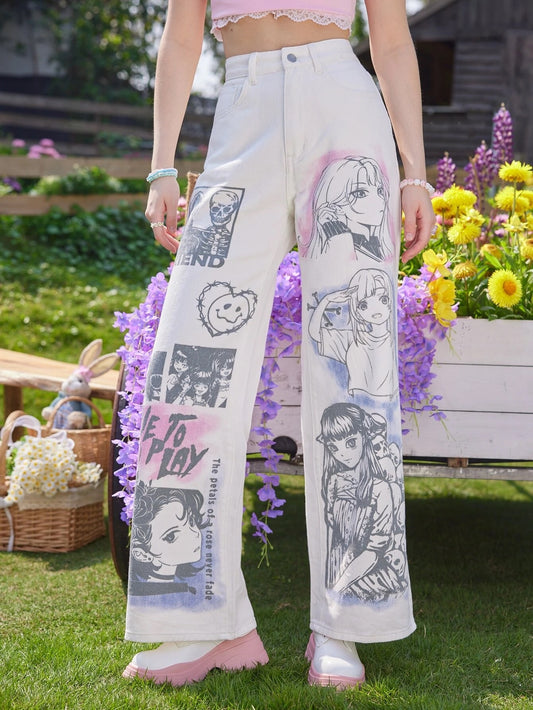 CM-BS162000 Women Preppy Seoul Style Kawaii Figure Graphic Wide Leg Jeans - White