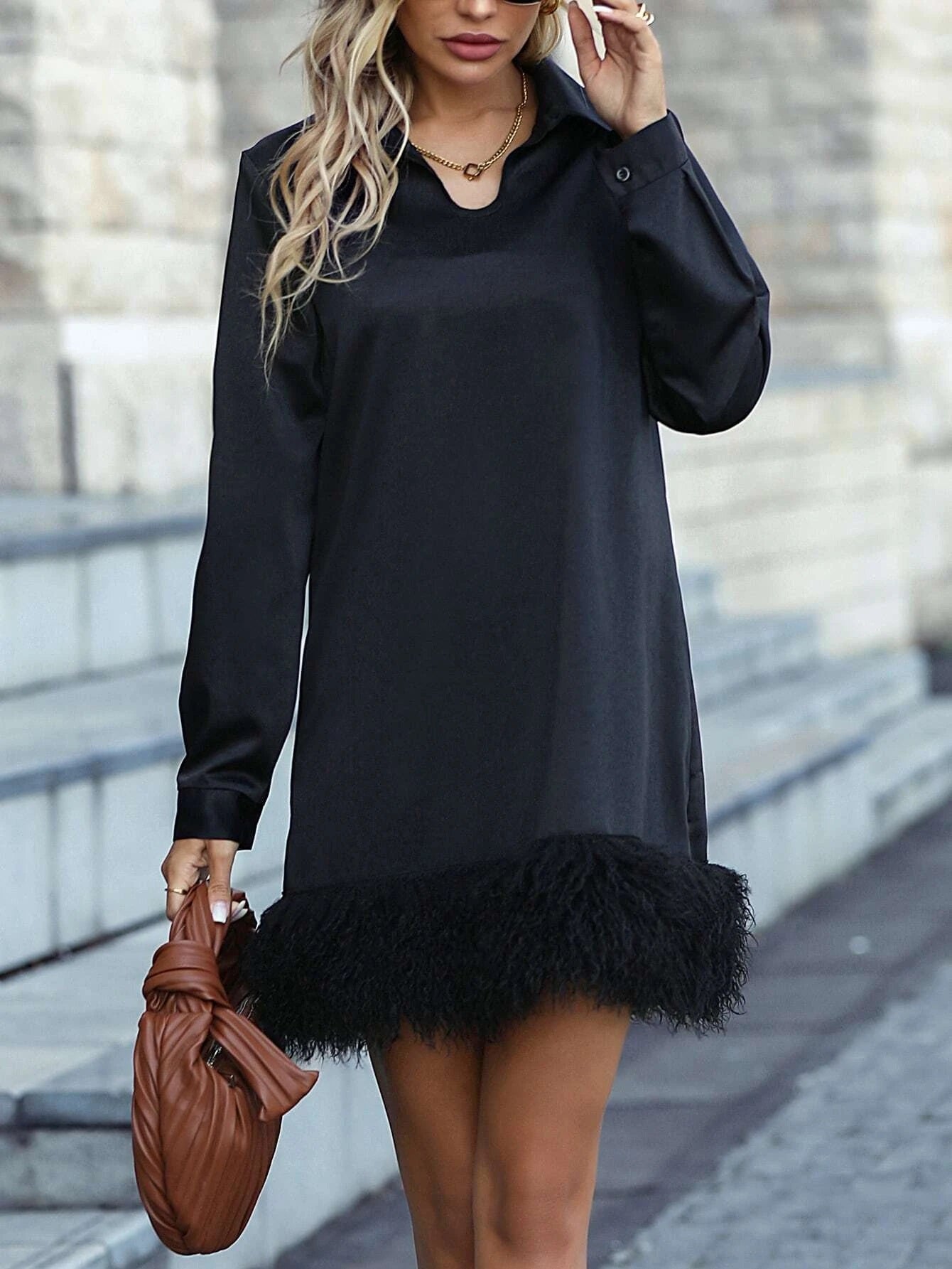 CM-DS098728 Women Elegant Seoul Style Collar Neckline Solid Fuzzy Hem Tunic Dress - Black