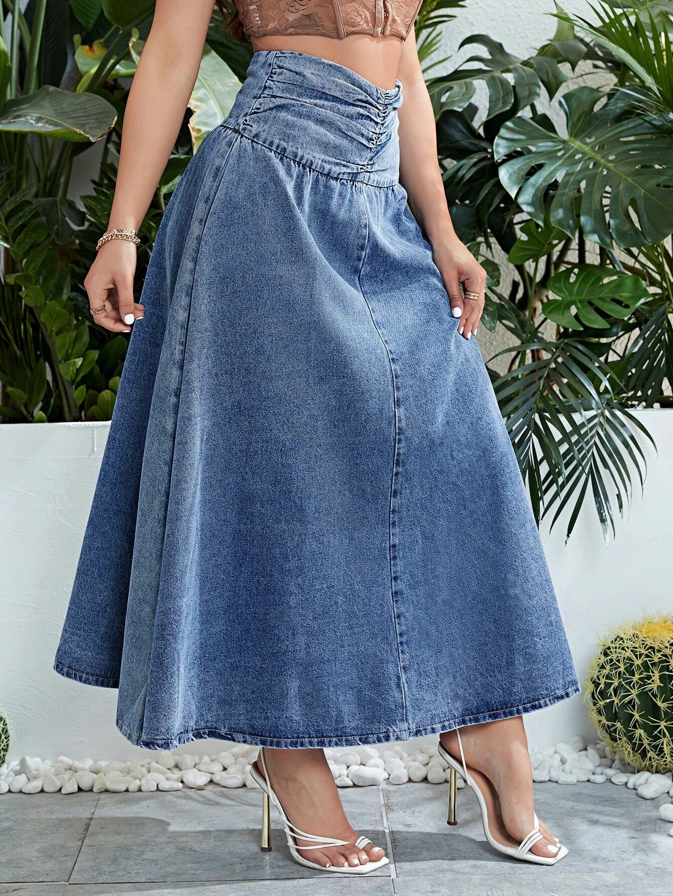 CM-BS200039 Women Casual Seoul Style High Waist Button Front Ruched Waist Denim Skirt