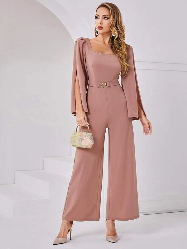 CM-JS662427 Women Elegant Seoul Style Split Sleeve Wide Leg Belted Jumpsuit - Dusty Pink