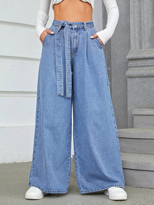 CM-BS676857 Women Preppy Seoul Style Medium Wash High Waist Belted Wide Leg Jeans
