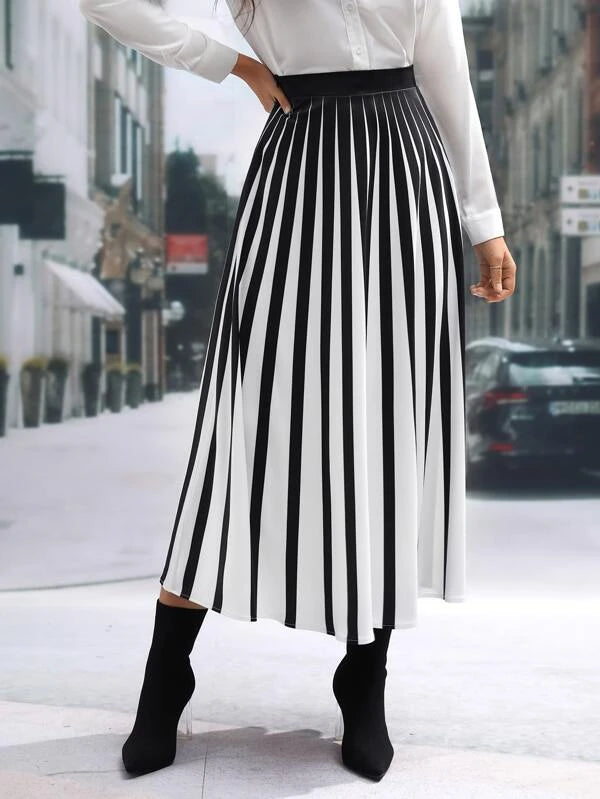 CM-BS945110 Women Casual Seoul Style High Waist Two Tone Pleated Skirt