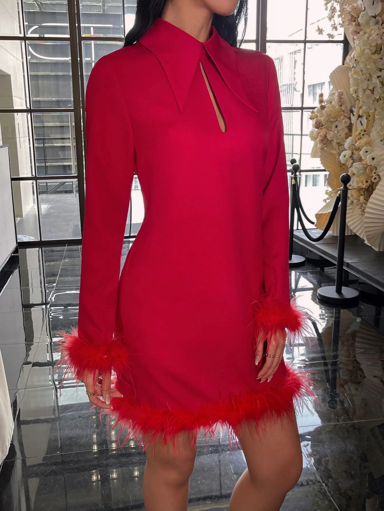 CM-DS140961 Women Elegant Seoul Style Long Sleeve Solid Fuzzy Trim Bodycon Dress - Red