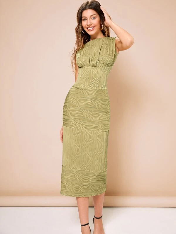 CM-DS150855 Women Elegant Seoul Style Sleeveless Textured Ruched Fitted Dress