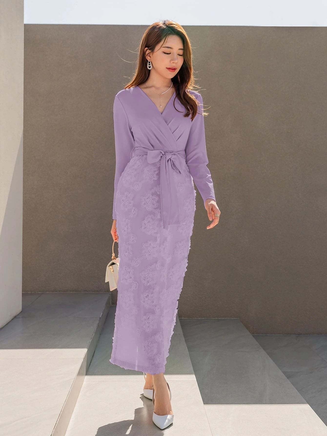 CM-DS356146 Women Elegant Seoul Style Floral Jacquard Split Back Belted Dress - Purple