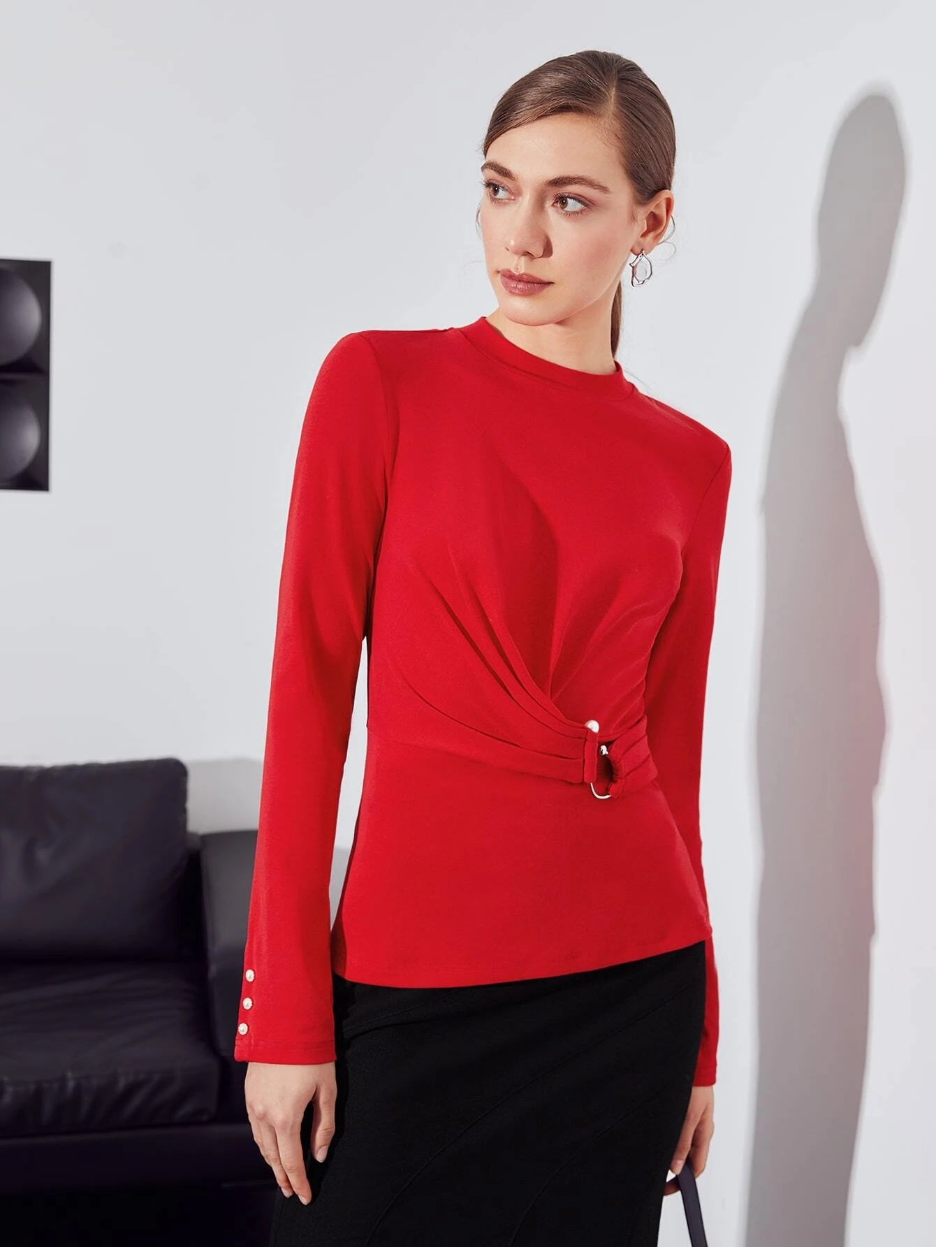 CM-TS599930 Women Elegant Seoul Style Mock Neck Gathered Long Sleeve Shirt - Red