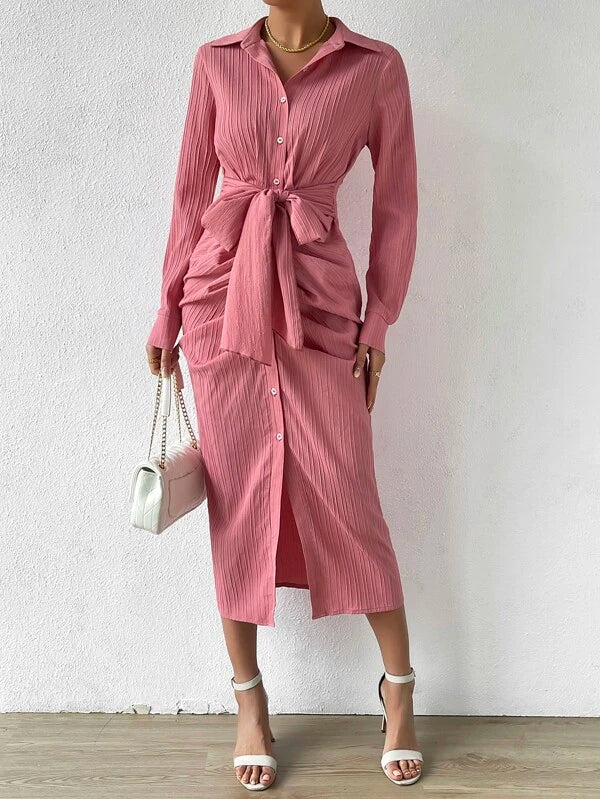 CM-DS543532 Women Elegant Seoul Style Long Sleeve Tie Front Shirt Dress - Pink