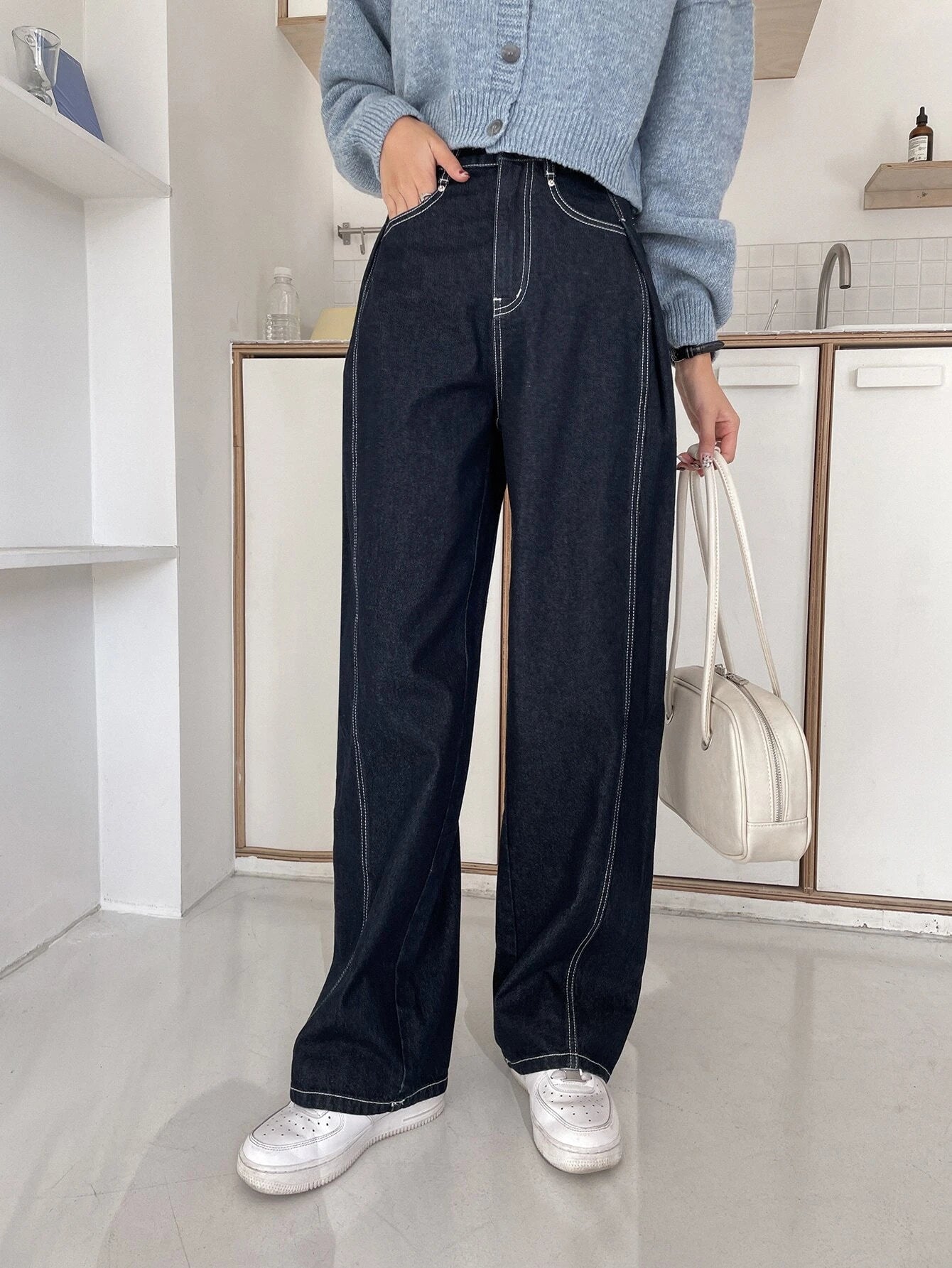 CM-BS180087 Women Casual Seoul Style Dark Wash Top-Stitching Wide Leg Jeans