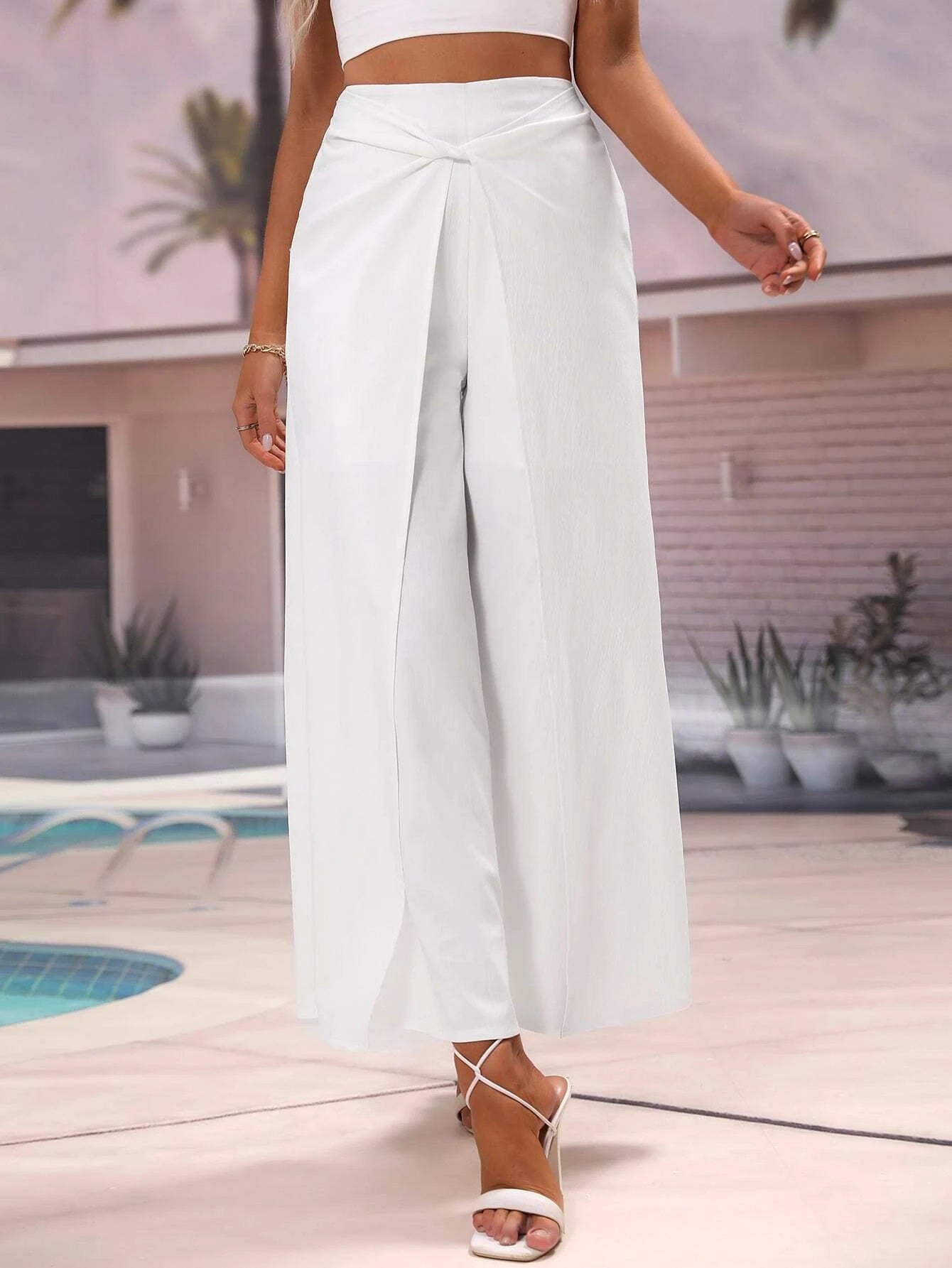 CM-BS170872 Women Trendy Bohemian Style Solid Wide Leg Wrap Pants - White