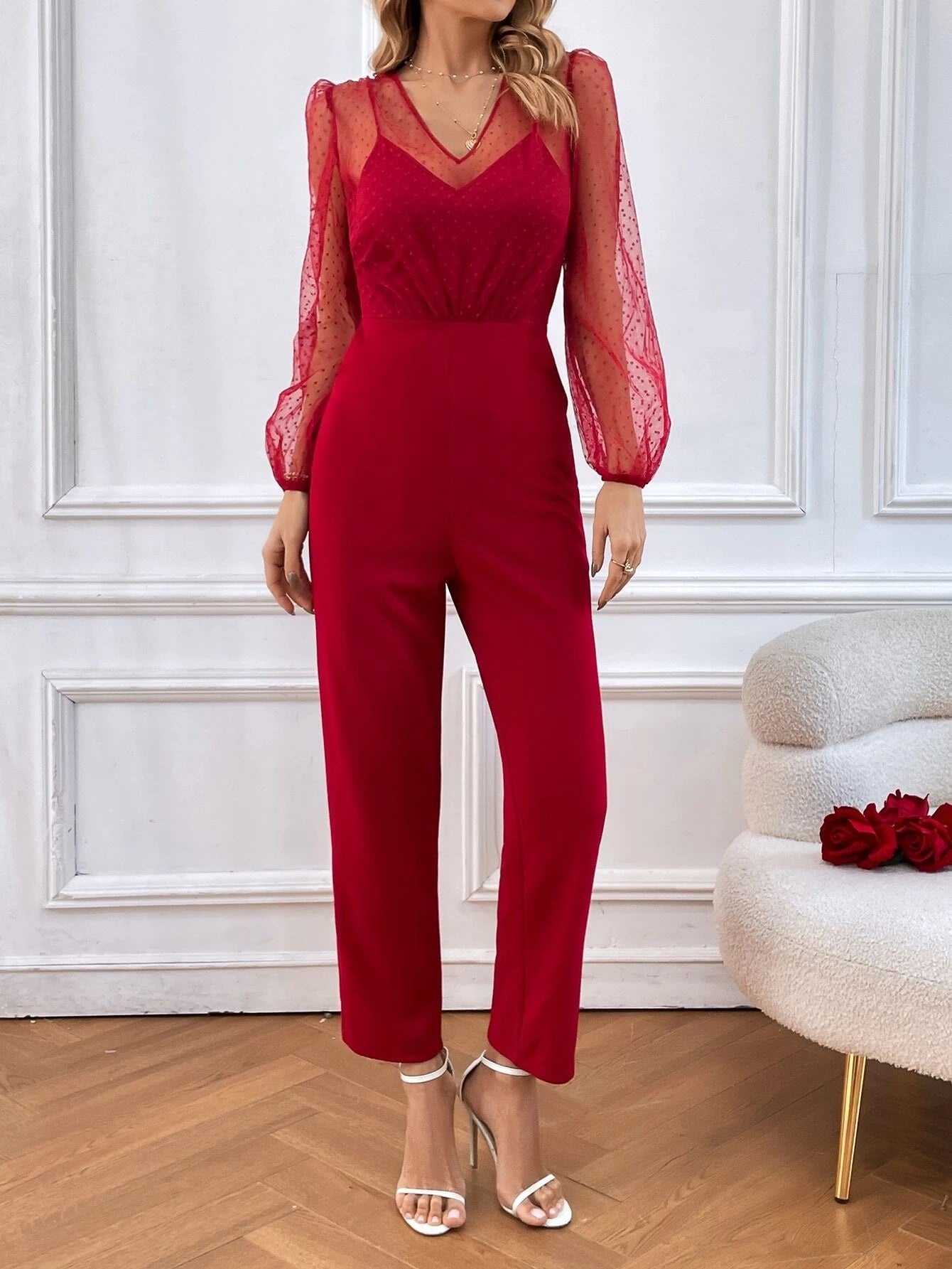 CM-JS173200 Women Elegant Seoul Style Contrast Dobby Mesh Lantern Sleeve Jumpsuit - Burgundy