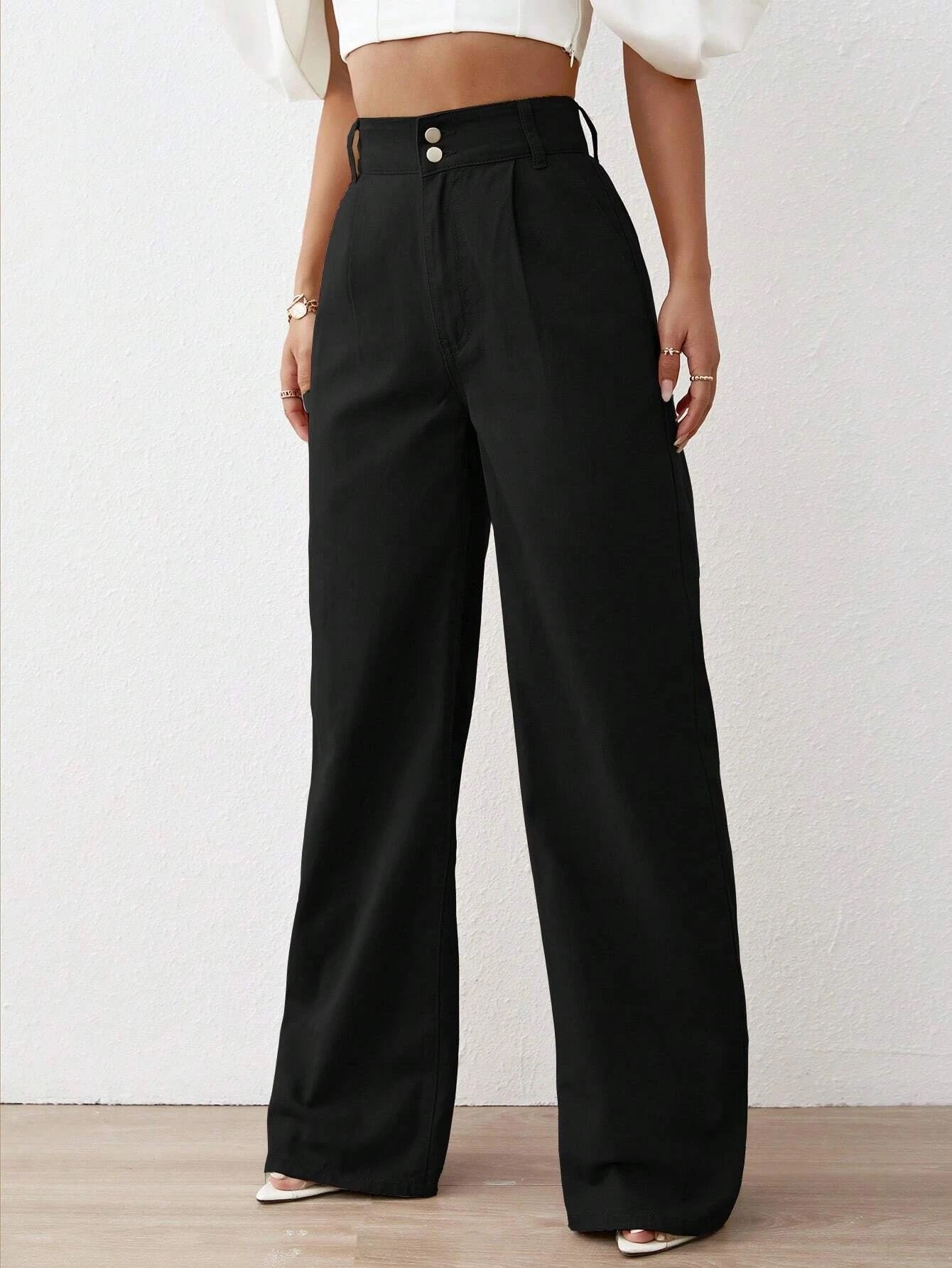 CM-BS432020 Women Preppy Seoul Style Solid High Waist Wide Leg Jeans - Black