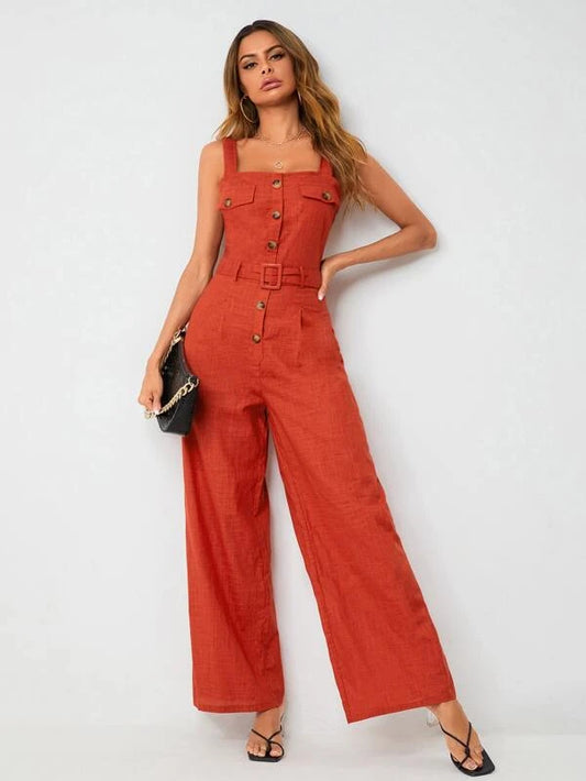 CM-JS038166 Women Trendy Bohemian Style Flap Pocket Detail Buckle Belted Palazzo Jumpsuit