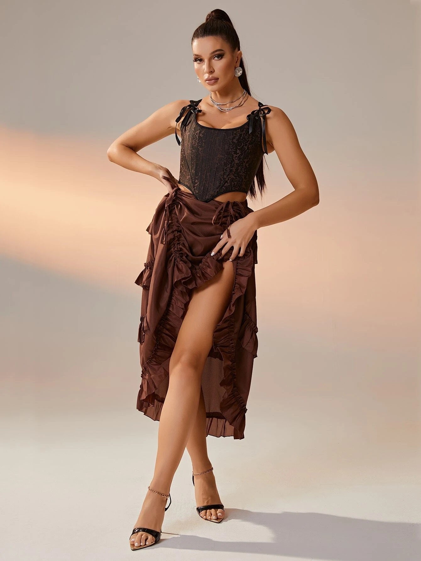 CM-BS587455 Women Trendy Bohemian Style Drawstring Ruched Ruffle Trim Asymmetrical Hem Skirt