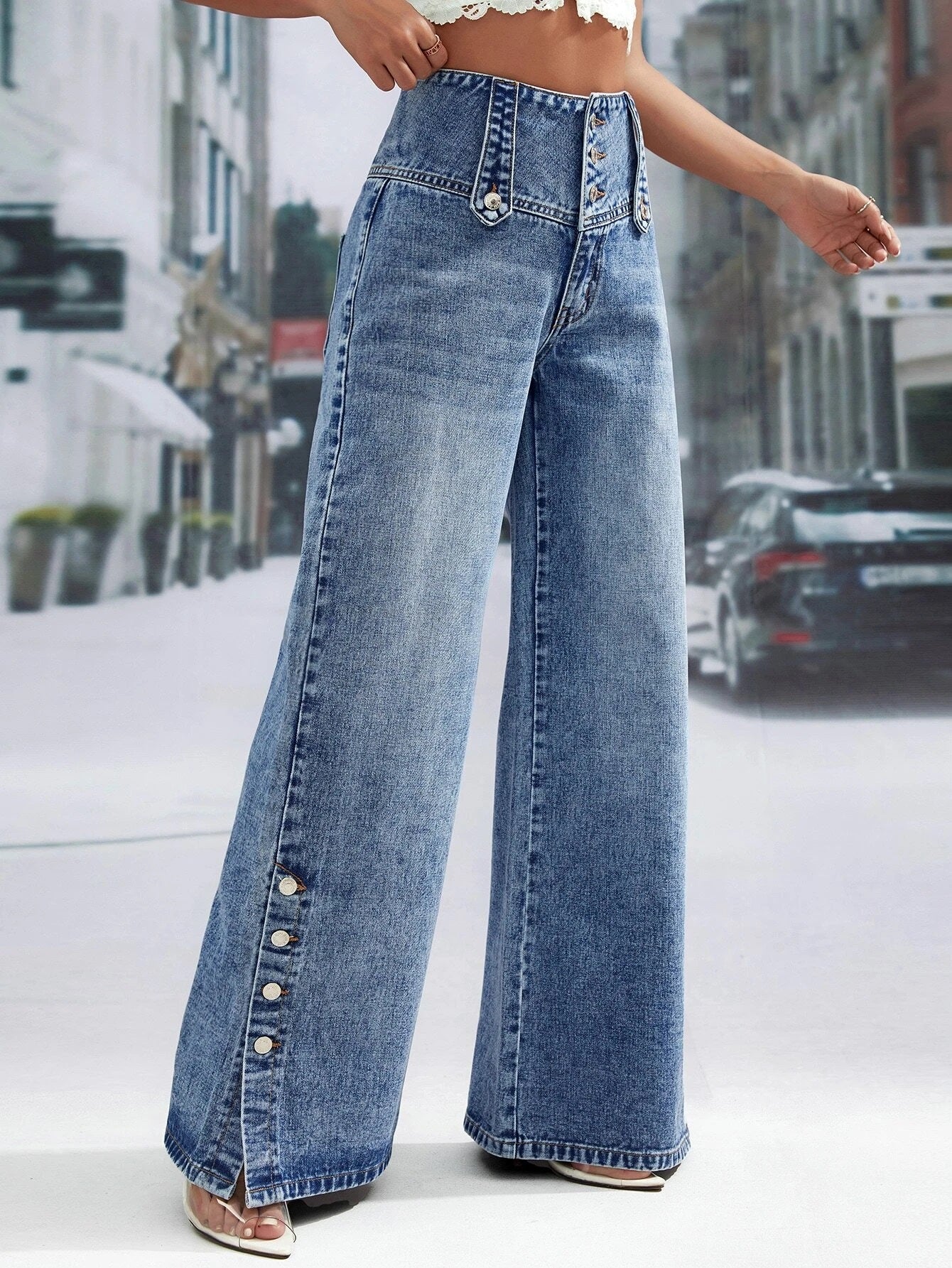 CM-BS261401 Women Preppy Seoul Style Medium Wash Button Fly Wide Leg Jeans