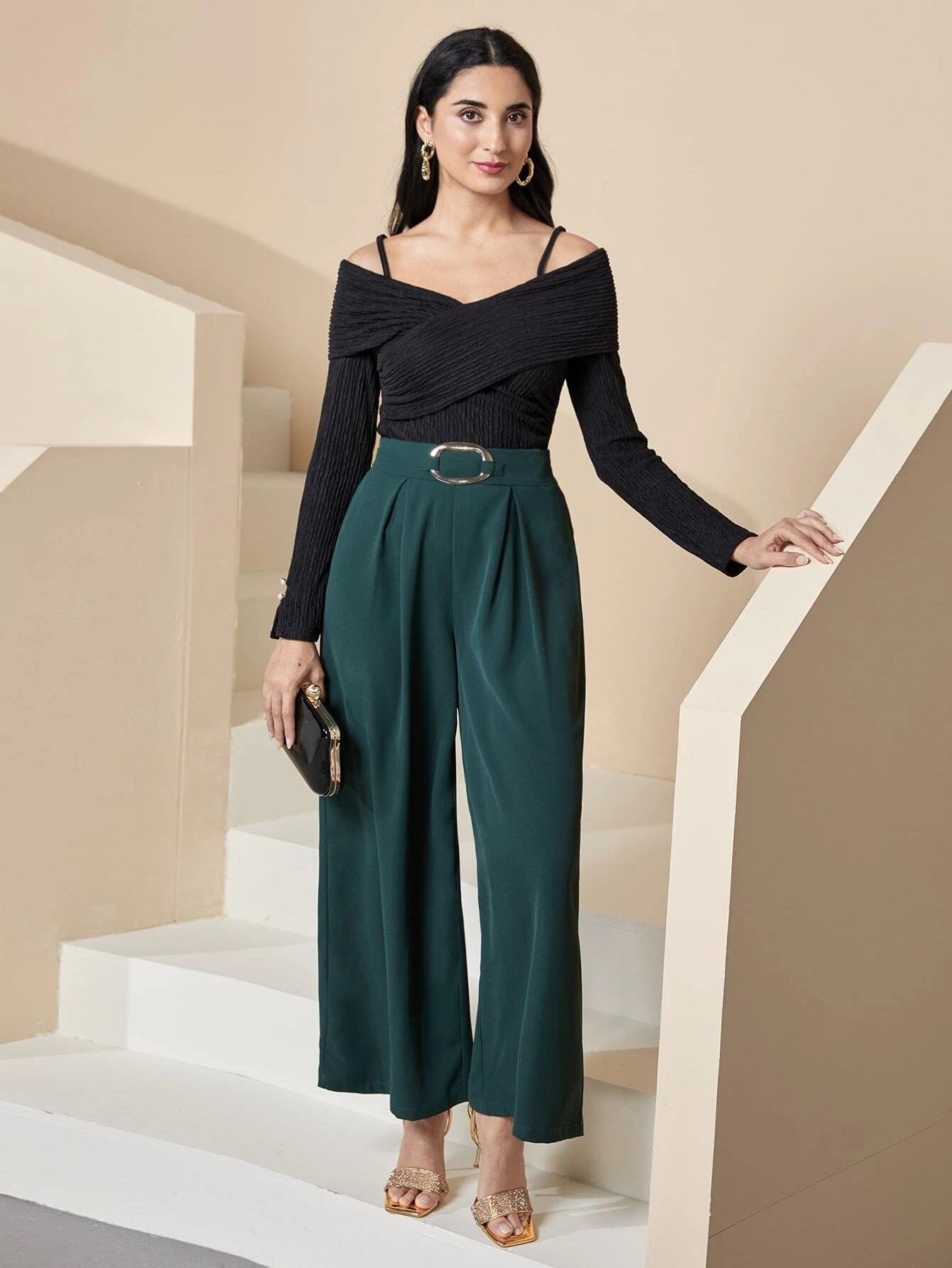 CM-TS119398 Women Casual Seoul Style Cold Shoulder Cross Wrap Front Tee - Black