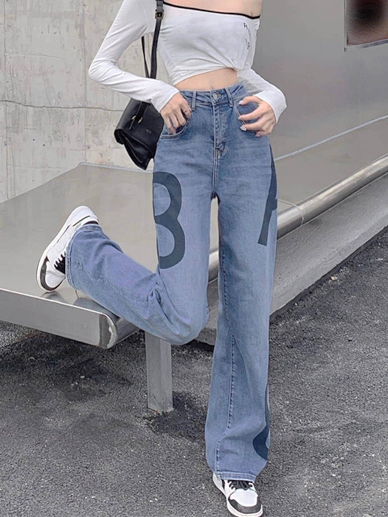 CM-BS331573 Women Preppy Seoul Style Light Wash Letter Graphic Wide Leg Jeans