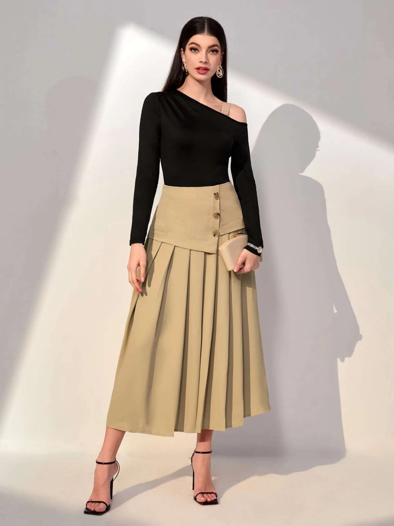 CM-BS757591 Women Preppy Seoul Style High Waist Fold Pleated Skirt - Khaki