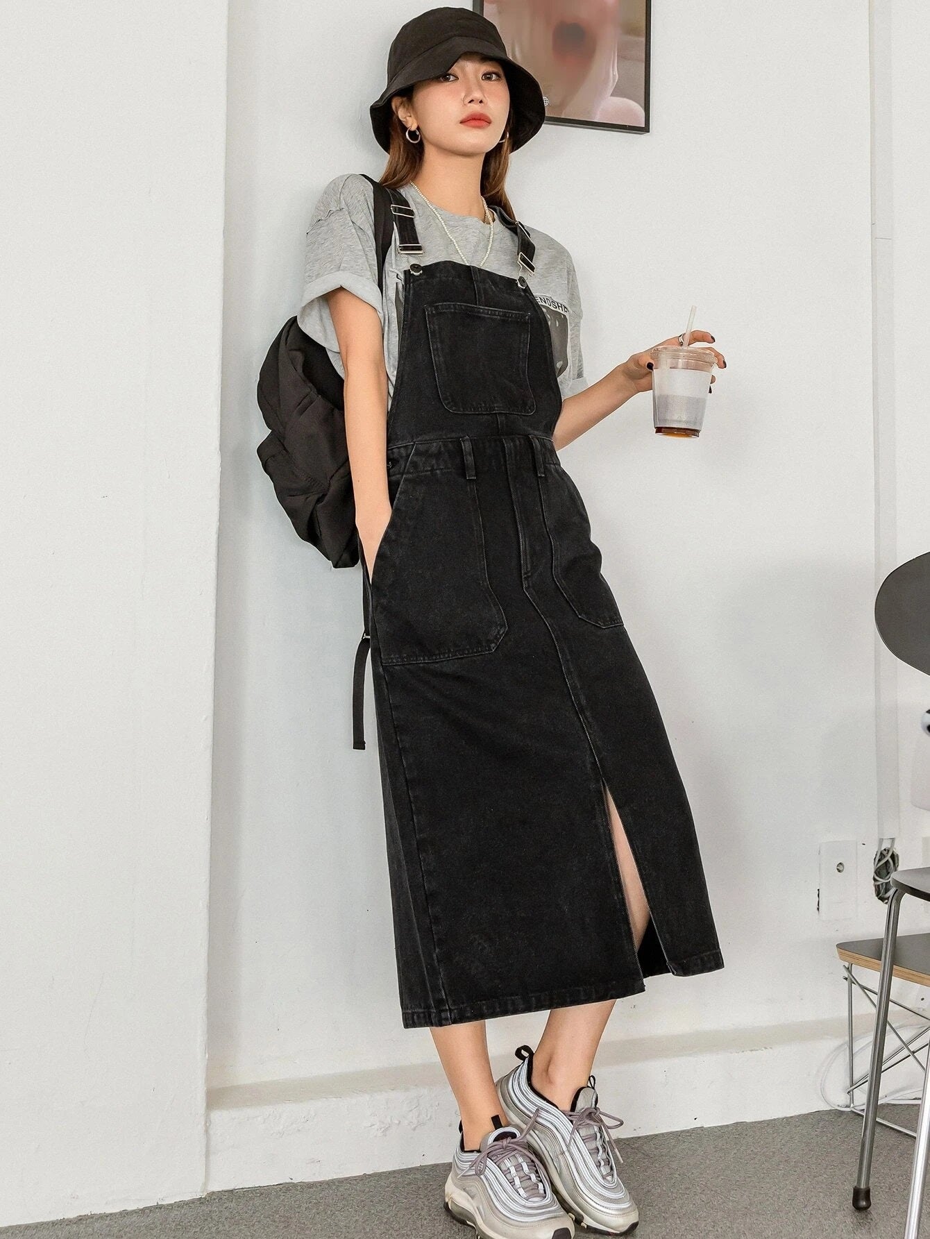 CM-DS418881 Women Preppy Seoul Style Slant Pockets Slit Front Denim Overall Dress - Black