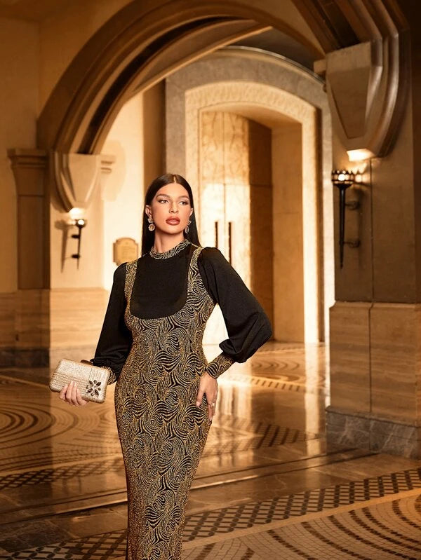 CM-DS444466 Women Elegant Seoul Style Graphic Print 2 In 1 Bishop Sleeve Dress
