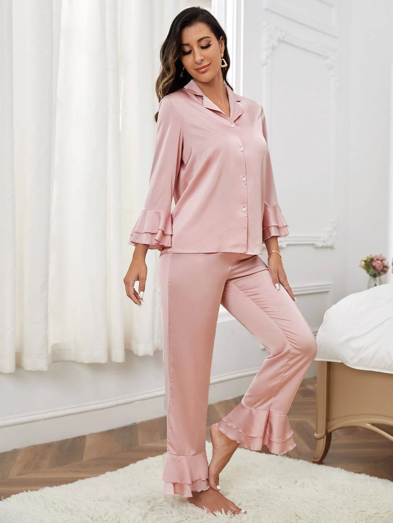 CM-LS797397 Women Trendy Seoul Style Flounce Sleeve Satin Pajama Set - Baby Pink