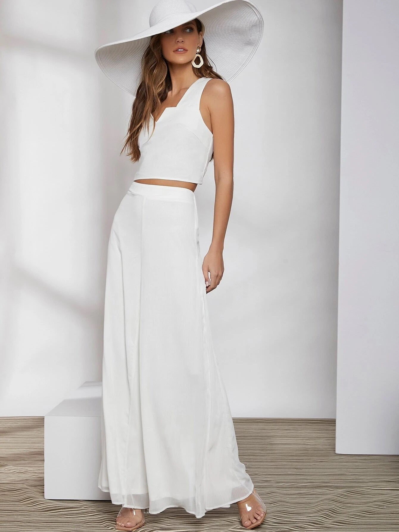 CM-BS113641 Women Trendy Bohemian Style High Waist Wide Leg Pants - White