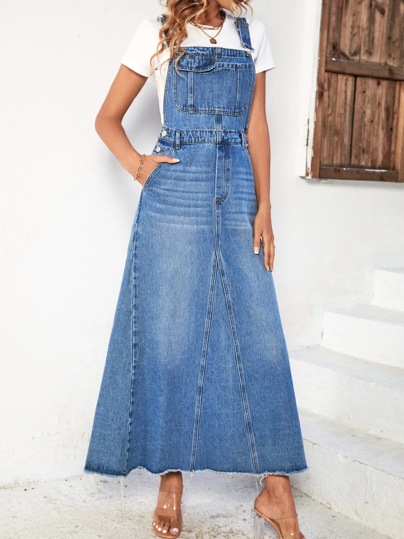 CM-DS521772 Women Casual Seoul Style Light Wash Raw Cut Denim Overall Dress
